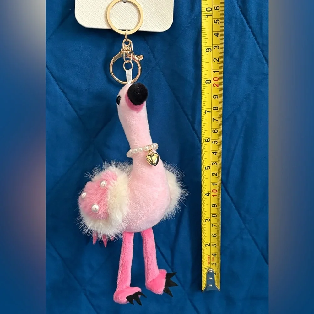 Natasha Couture Fluffy Pink Flamingo Faux Pearl Necklace Handbag Charm Key Chain
